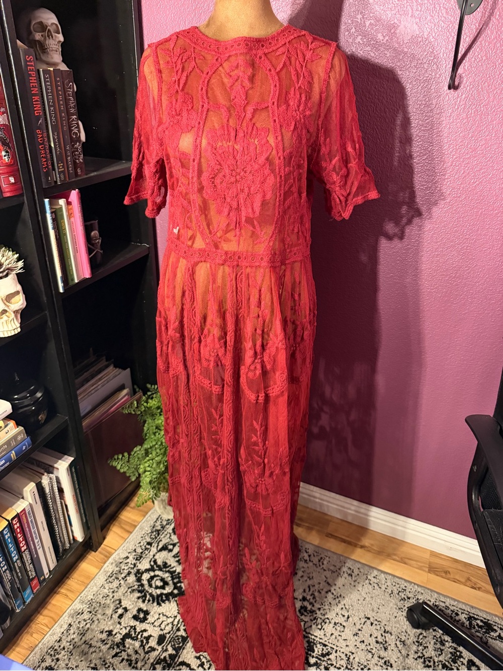 Cranberry red sheer lace maxi dress